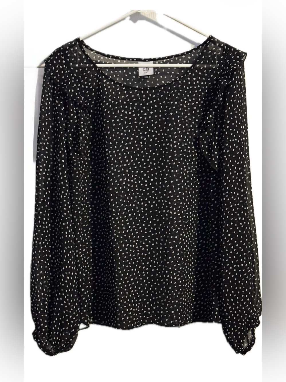 cabi Sinatra Blouse Black White Polka Dot Ruffle Sheer Top XXL